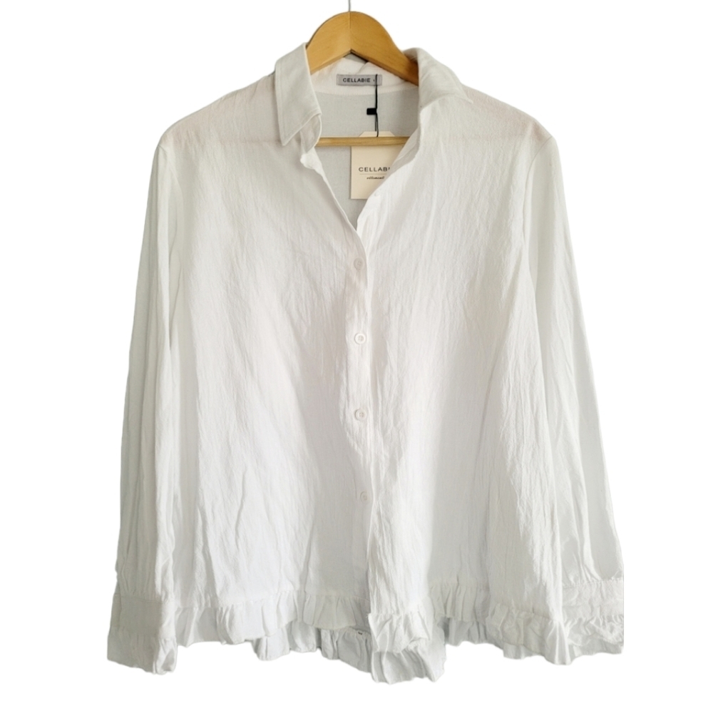 Cellabie White Button Front Blouse Size Large New with Tags High/Low